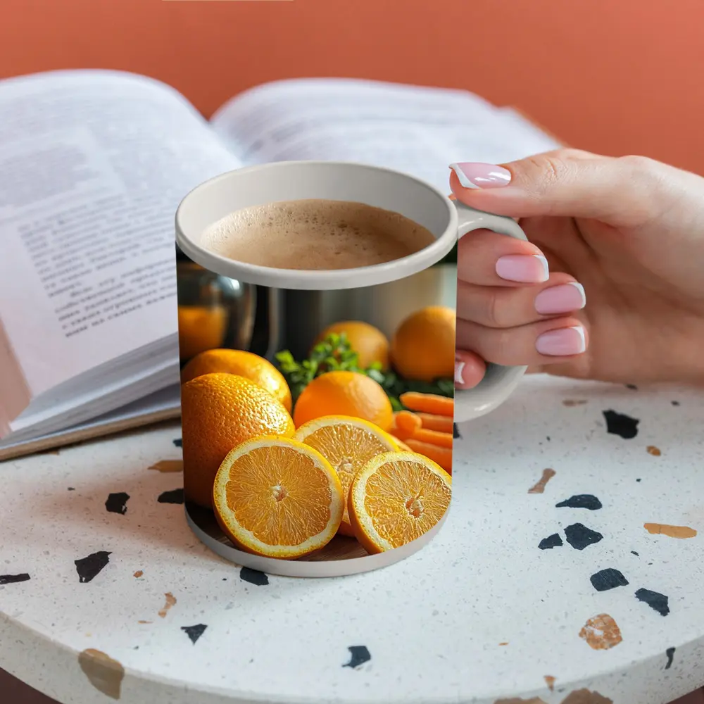Fresh Oranges on Kitchen Cutting Board – Mugs