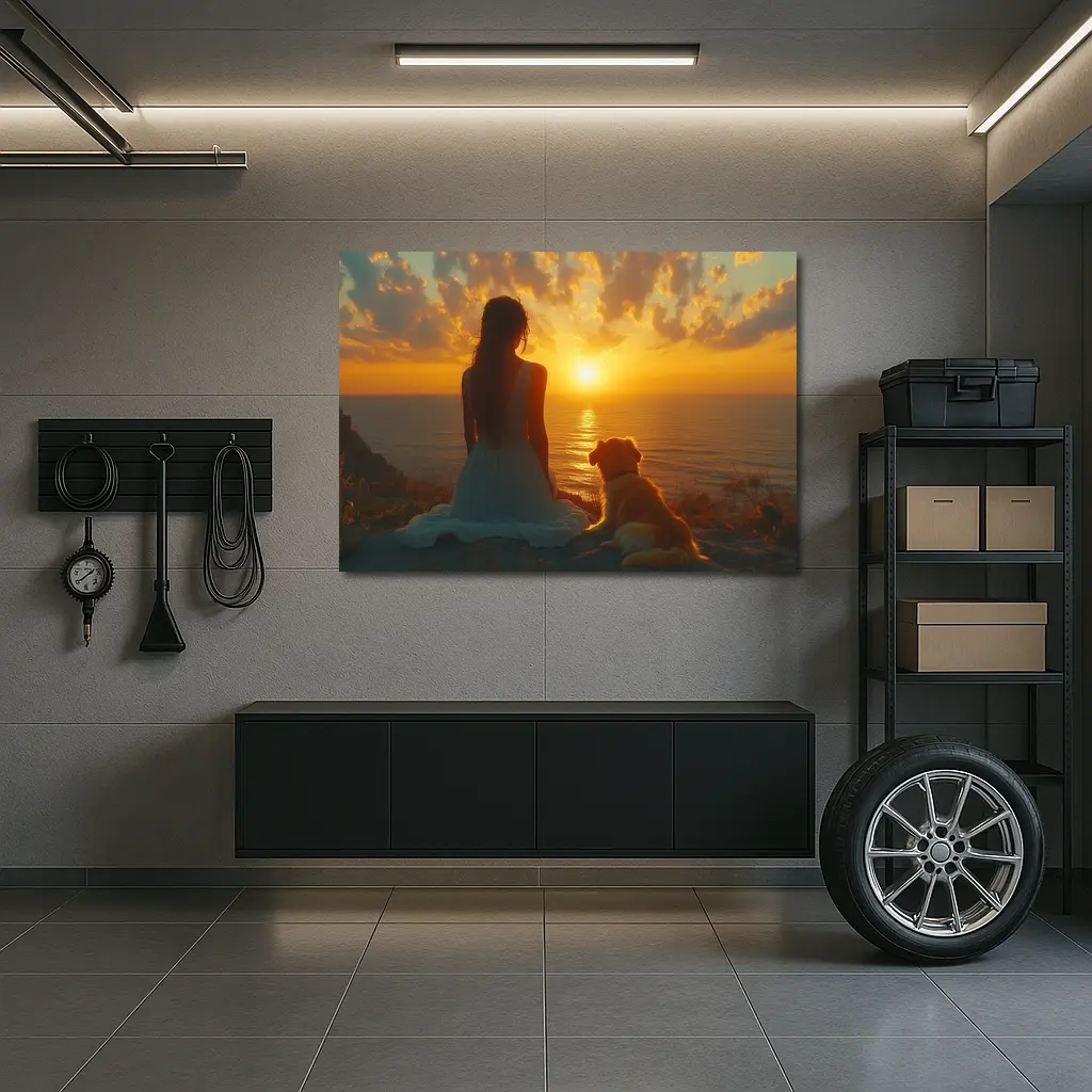 Woman and Dog Watching Ocean Sunset – Wall Art