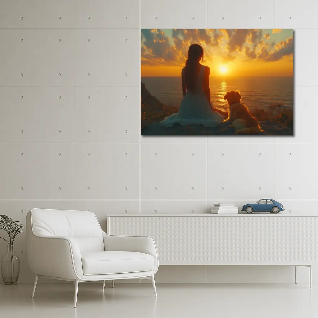 Woman and Dog Watching Ocean Sunset – Wall Art