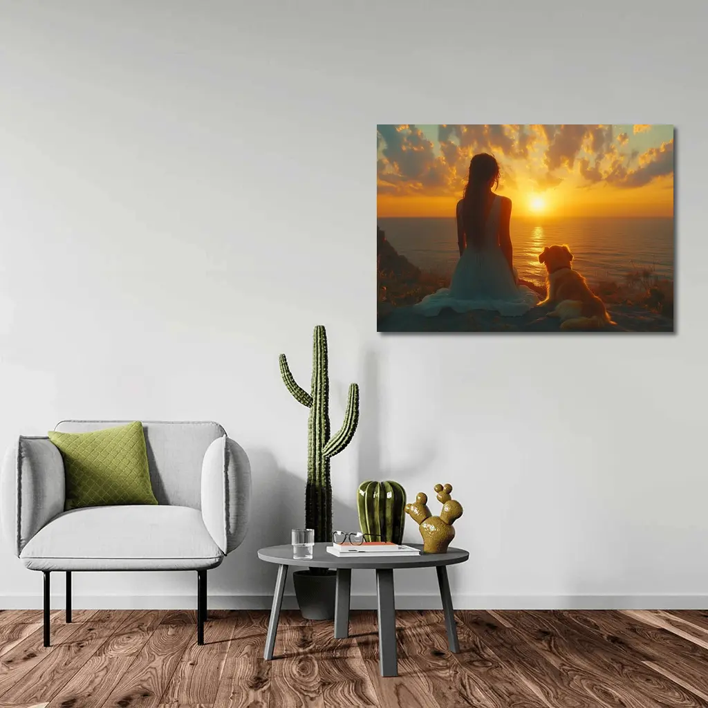 Woman and Dog Watching Ocean Sunset – Wall Art