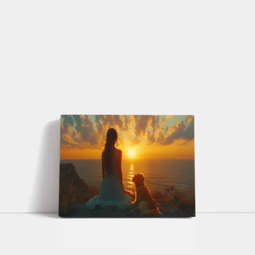 Woman and Dog Watching Ocean Sunset – Wall Art