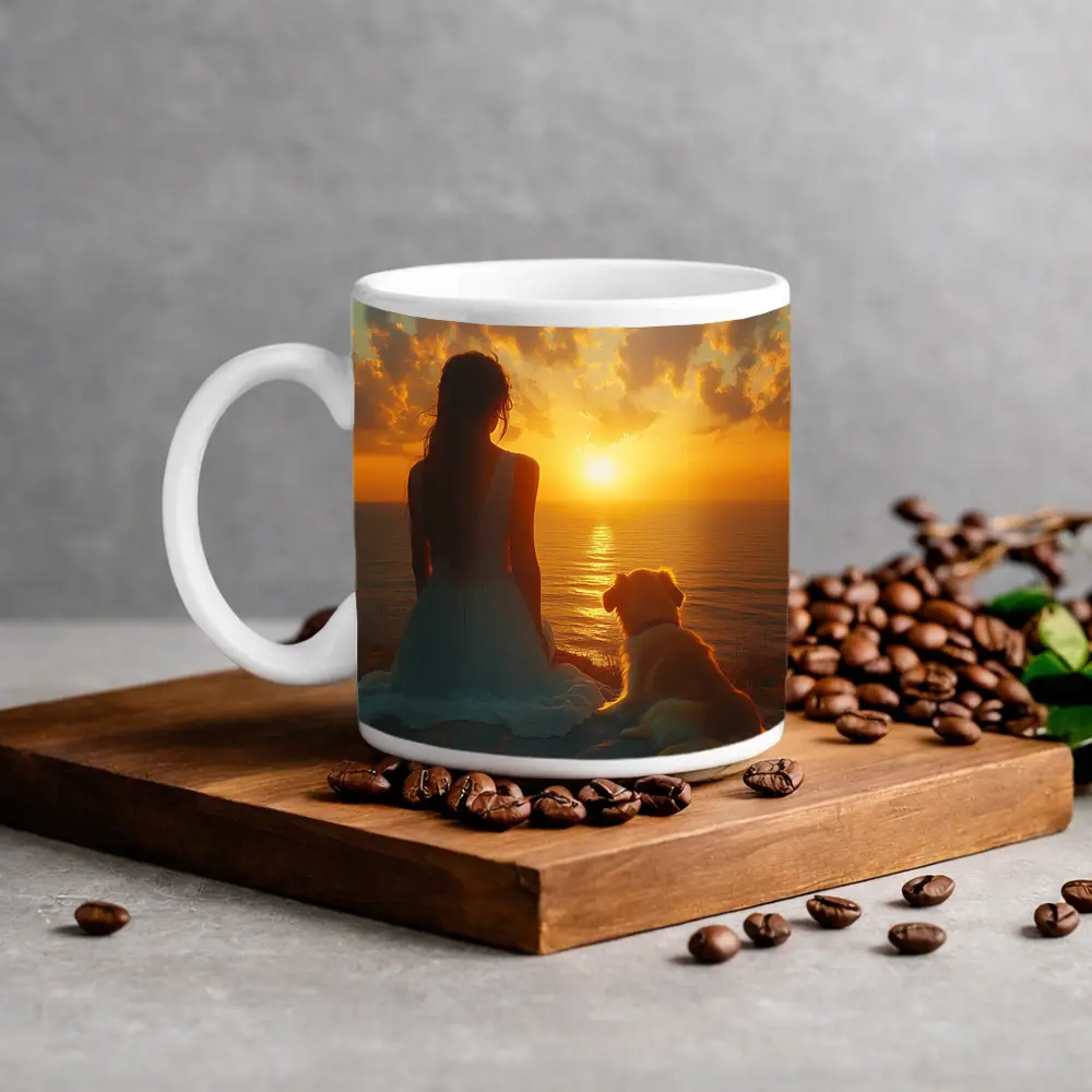Woman and Dog Watching Ocean Sunset – Mugs