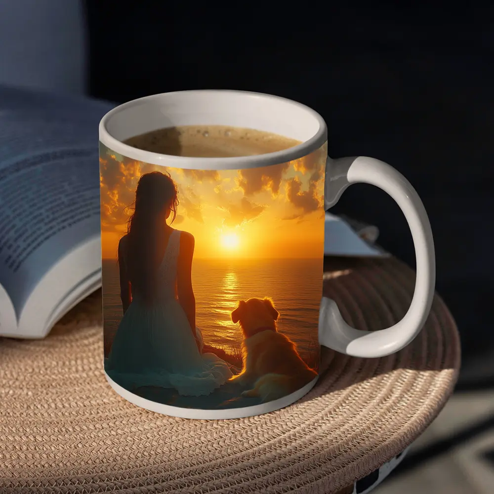 Woman and Dog Watching Ocean Sunset – Mugs