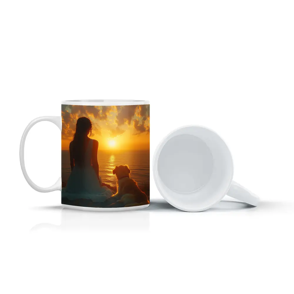 Woman and Dog Watching Ocean Sunset – Mugs