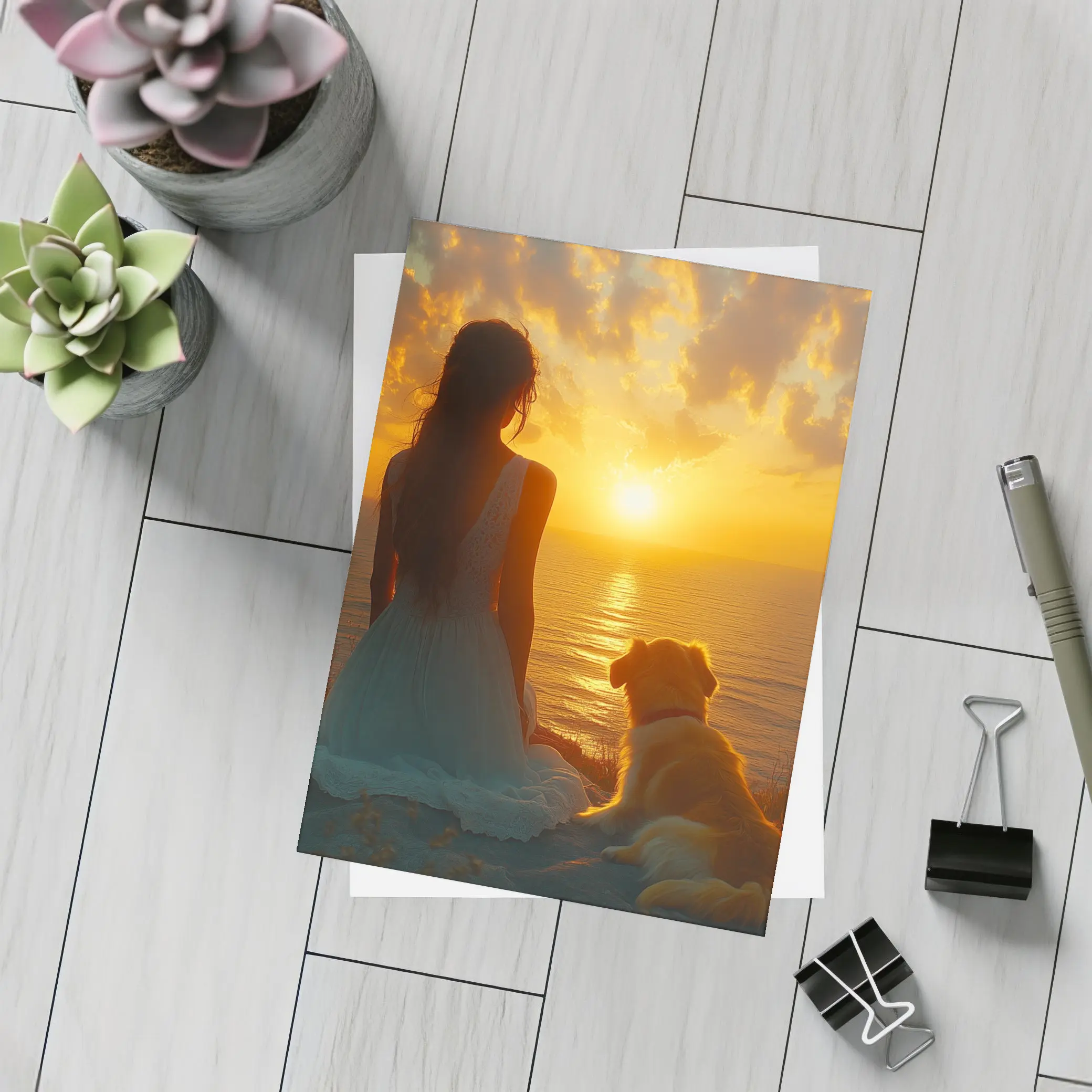 Woman and Dog Watching Ocean Sunset – Postcards