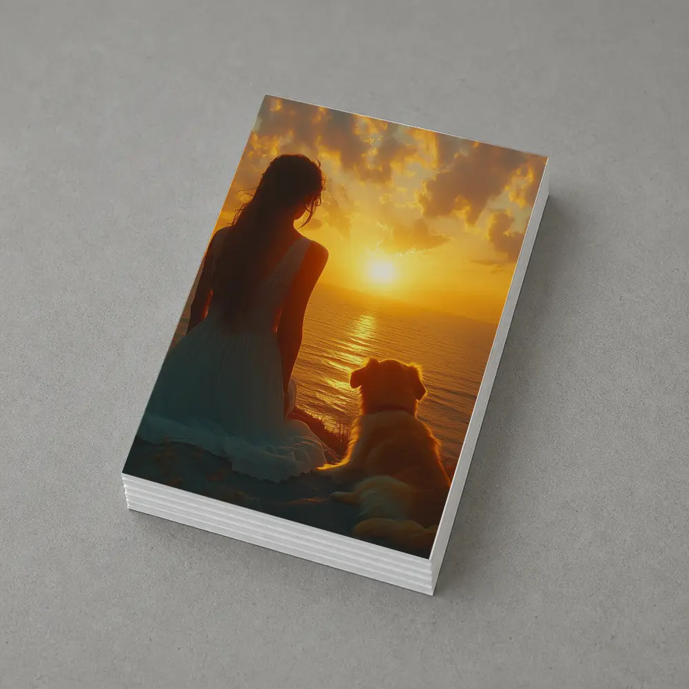 Woman and Dog Watching Ocean Sunset – Postcards