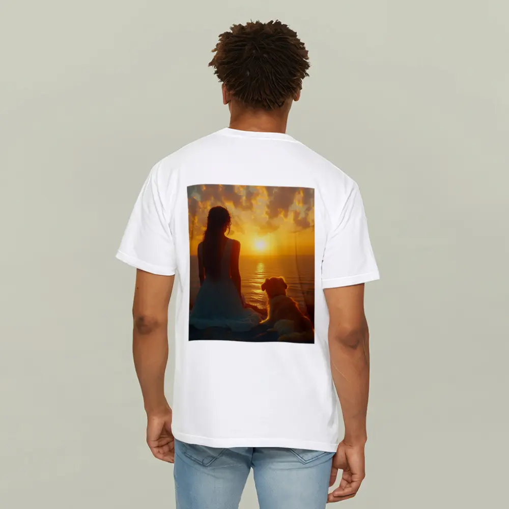 Woman and Dog Watching Ocean Sunset – T-Shirts