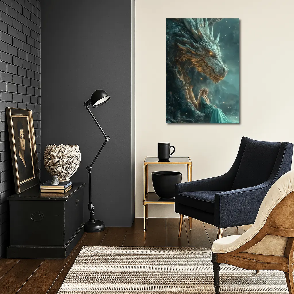 Fantasy Woman Sitting With Ancient Dragon – Wall Art