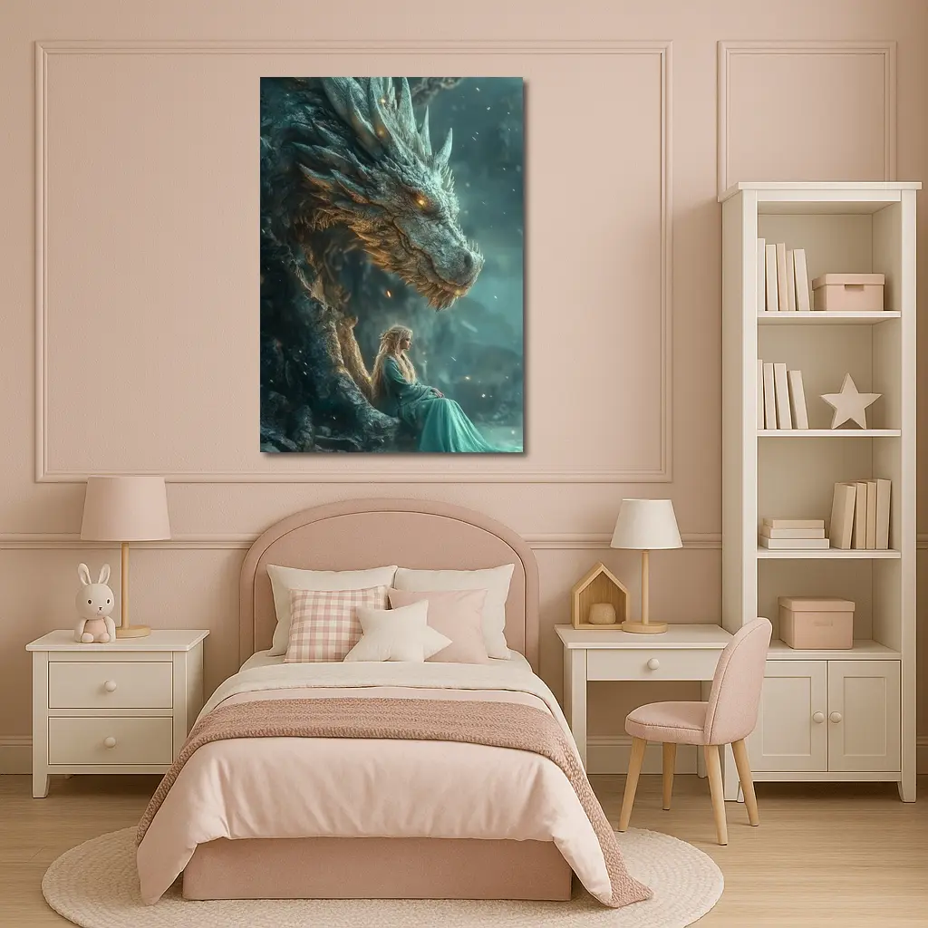 Fantasy Woman Sitting With Ancient Dragon – Wall Art
