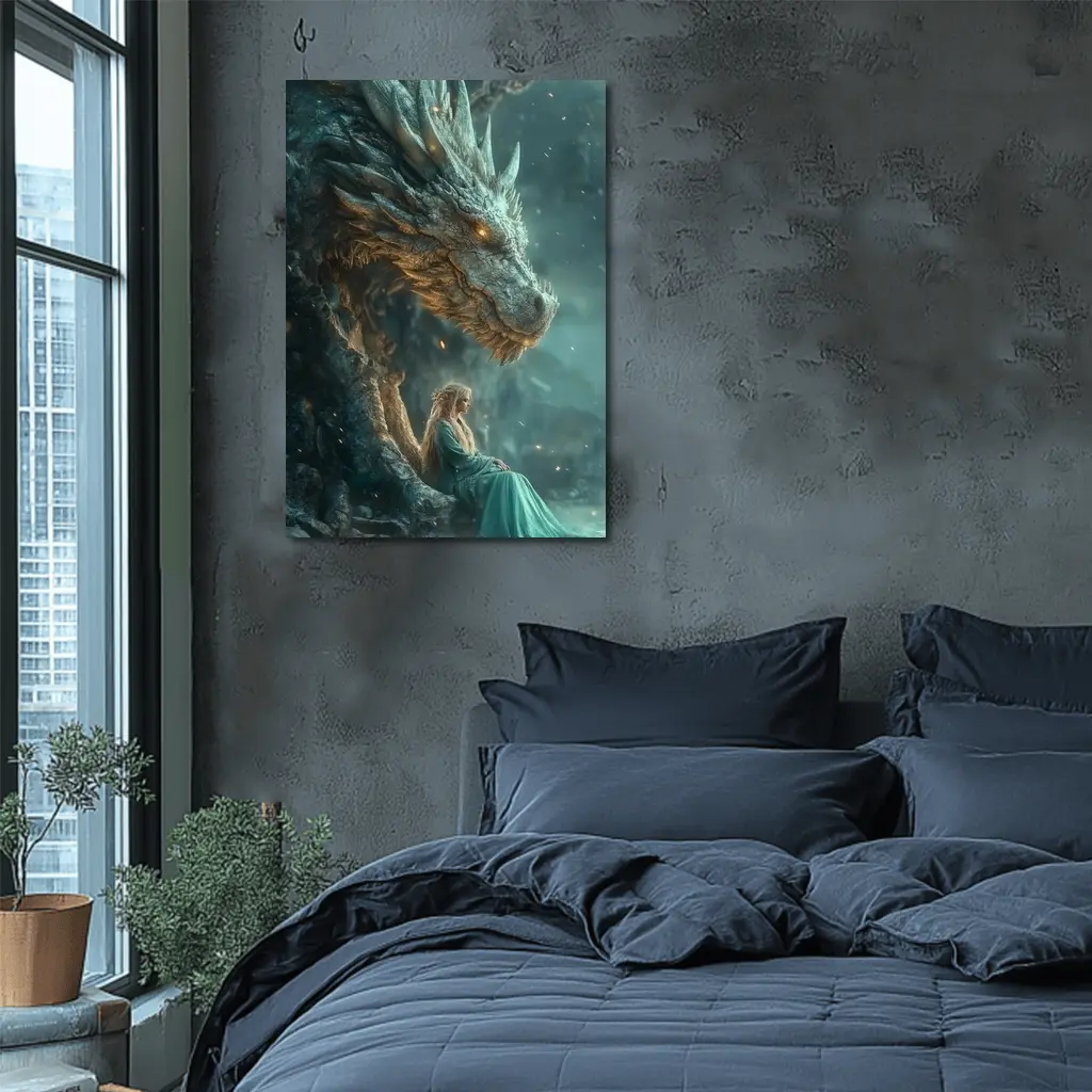 Fantasy Woman Sitting With Ancient Dragon – Wall Art