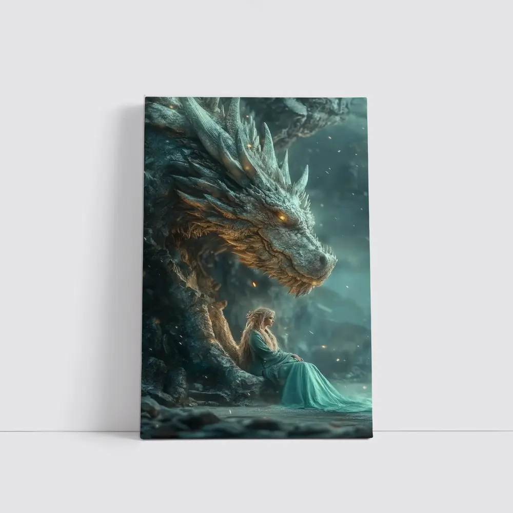 Fantasy Woman Sitting With Ancient Dragon – Wall Art
