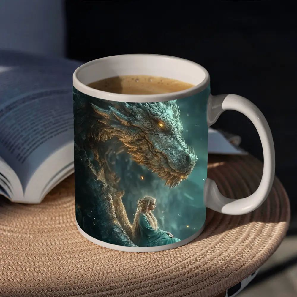 Fantasy Woman Sitting With Ancient Dragon – Mugs
