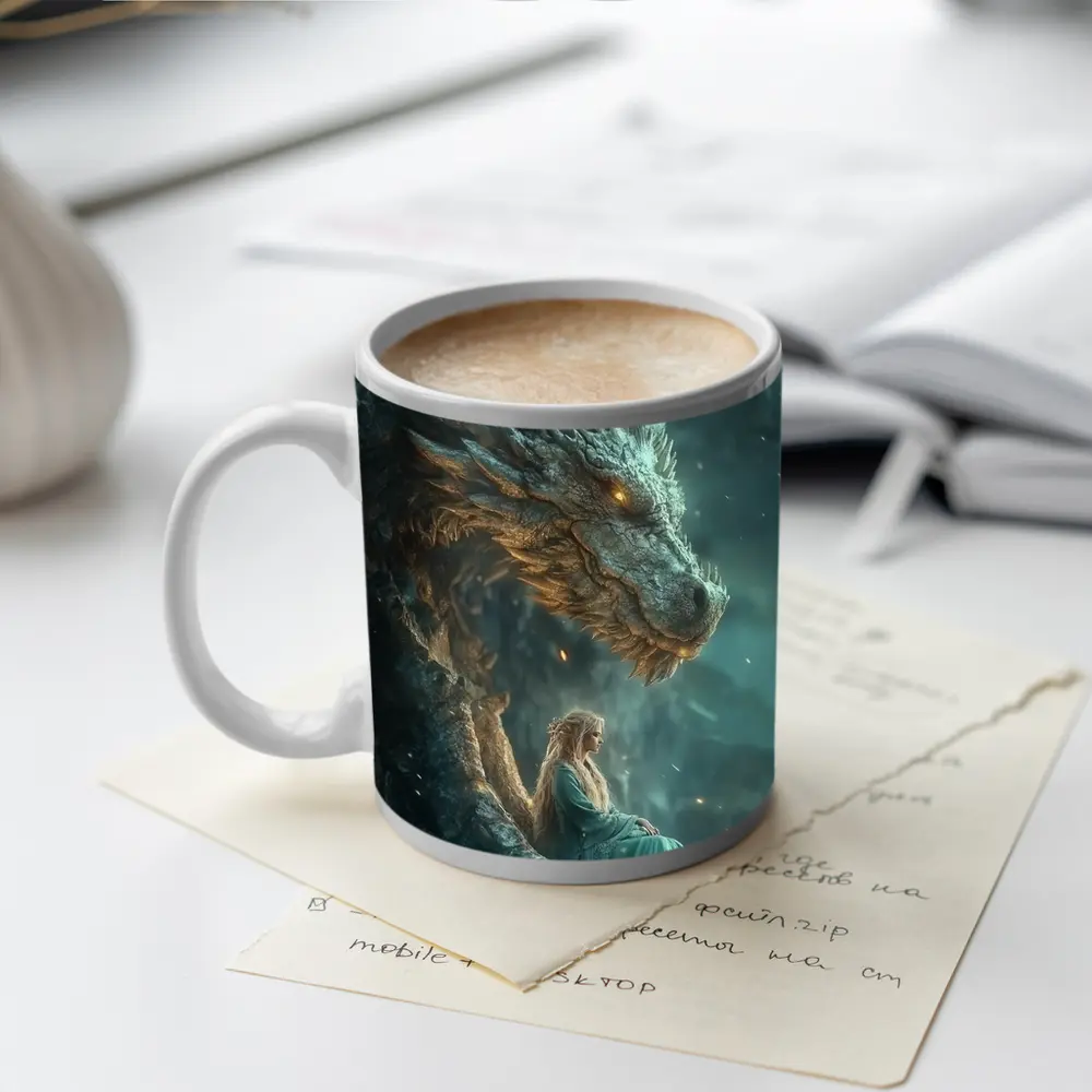 Fantasy Woman Sitting With Ancient Dragon – Mugs