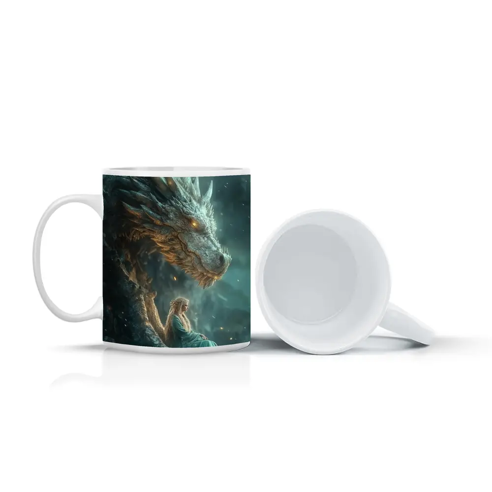 Fantasy Woman Sitting With Ancient Dragon – Mugs
