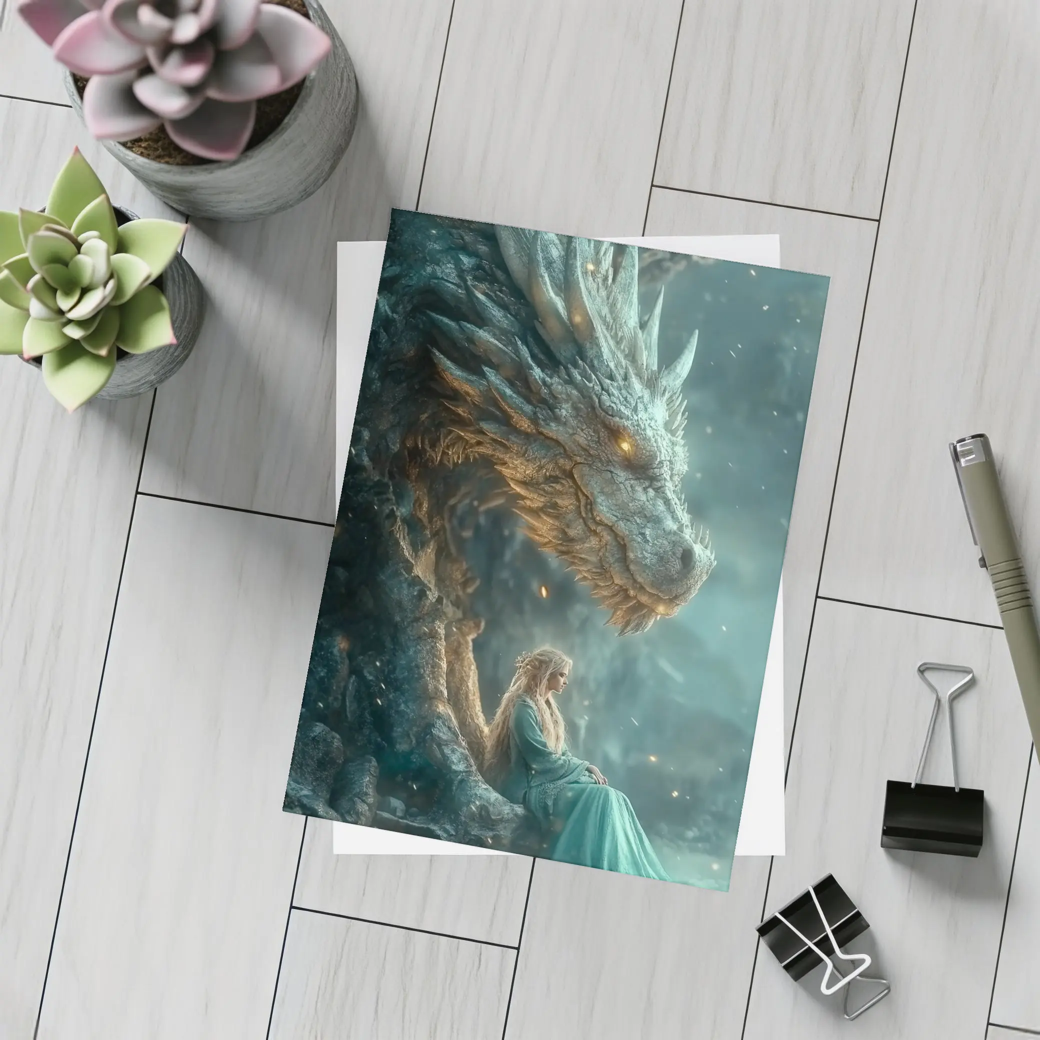 Fantasy Woman Sitting With Ancient Dragon – Postcards