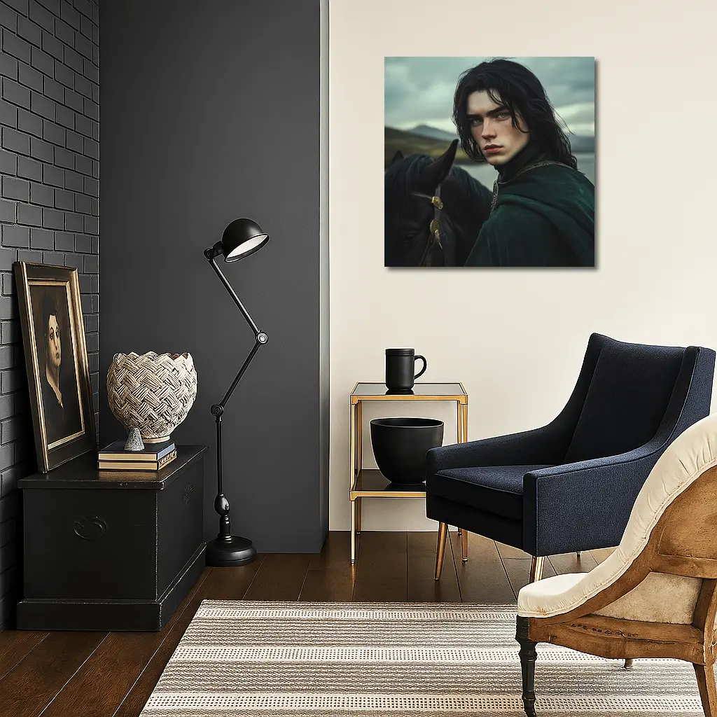 Dark Young Knight With Black Horse Fantasy – Wall Art