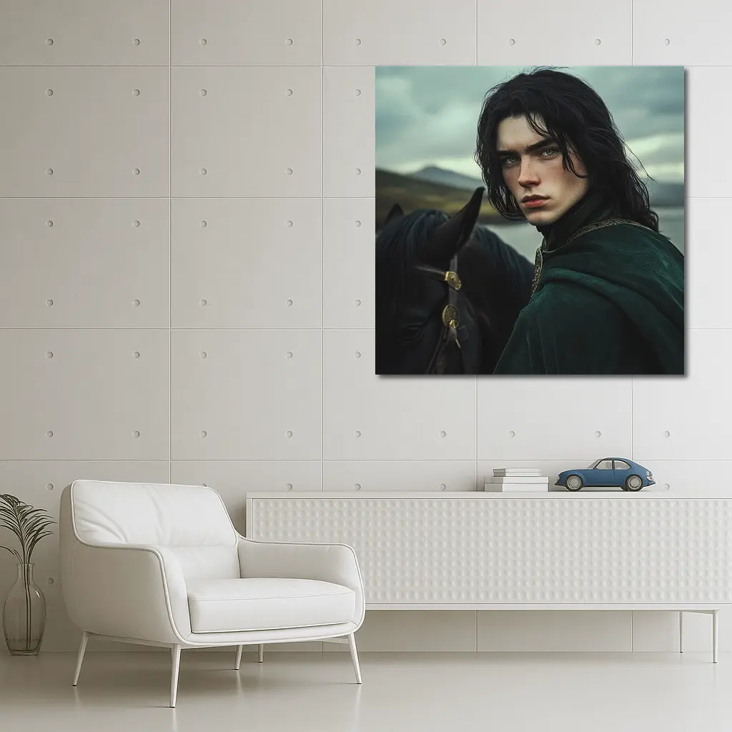 Dark Young Knight With Black Horse Fantasy – Wall Art