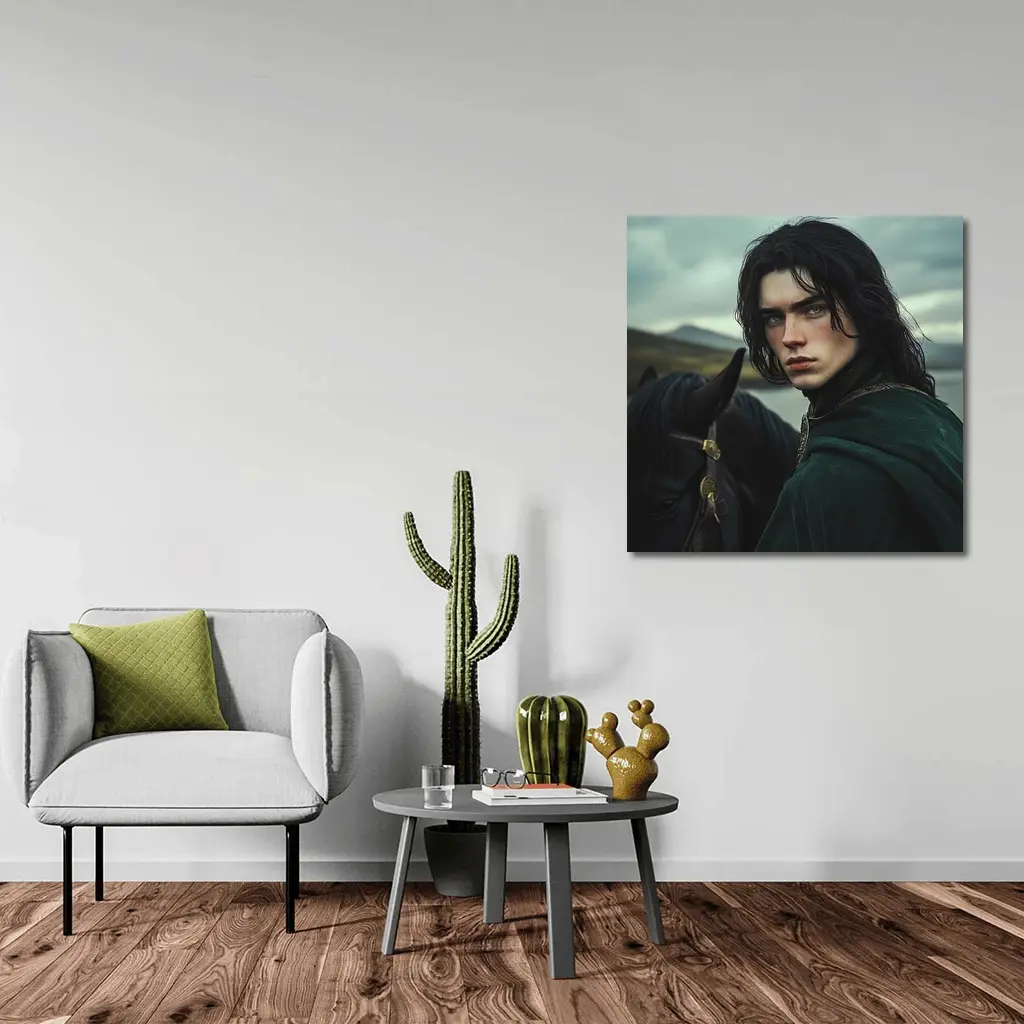 Dark Young Knight With Black Horse Fantasy – Wall Art