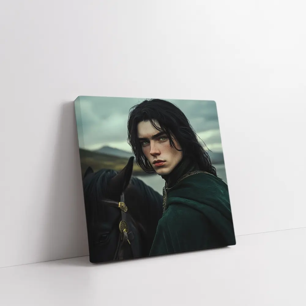 Dark Young Knight With Black Horse Fantasy – Wall Art