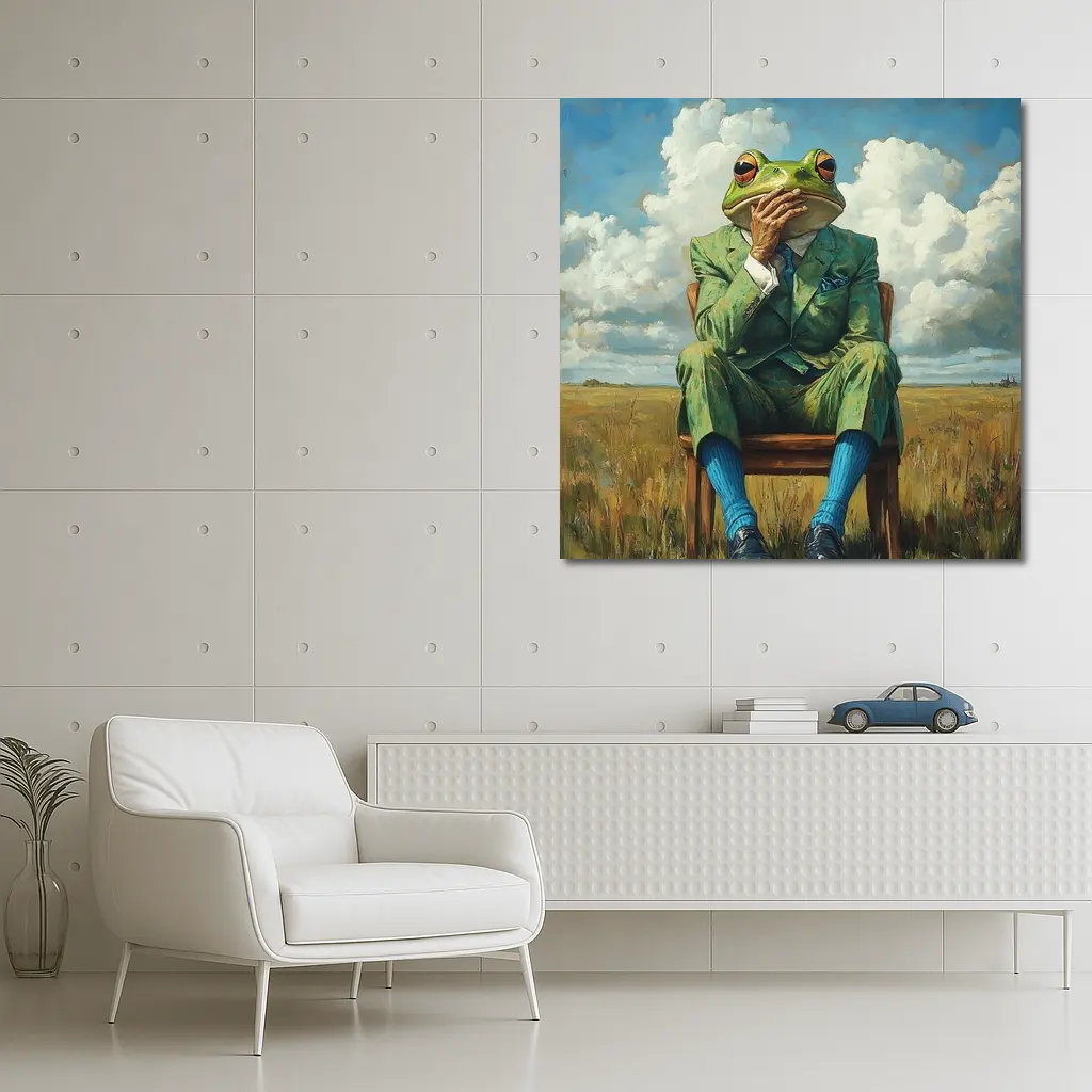 Thoughtful Frog Gentleman Oil Painting Fields – Wall Art