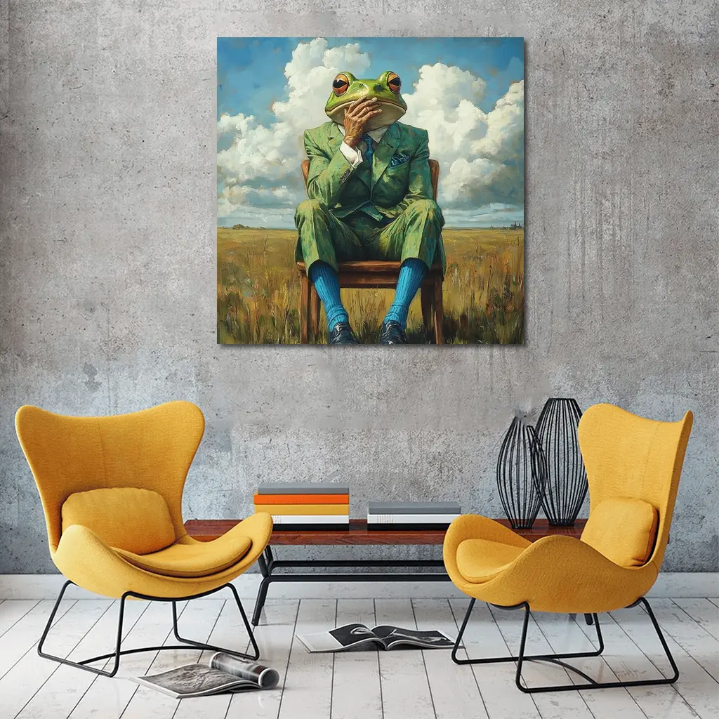 Thoughtful Frog Gentleman Oil Painting Fields – Wall Art