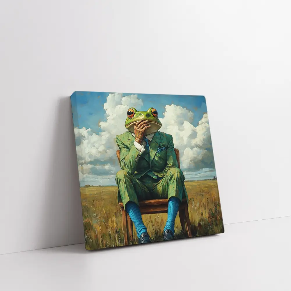 Thoughtful Frog Gentleman Oil Painting Fields – Wall Art
