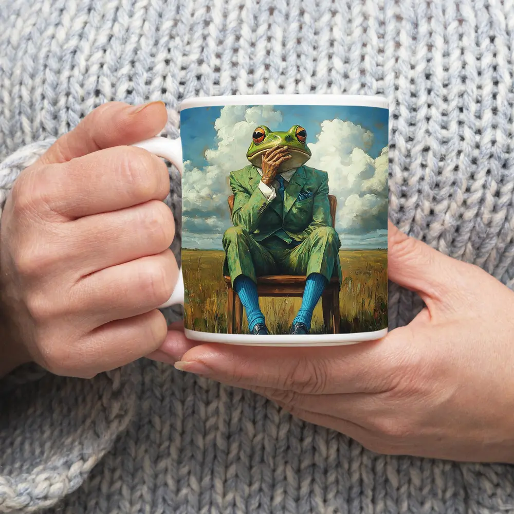Thoughtful Frog Gentleman Oil Painting Fields – Mugs