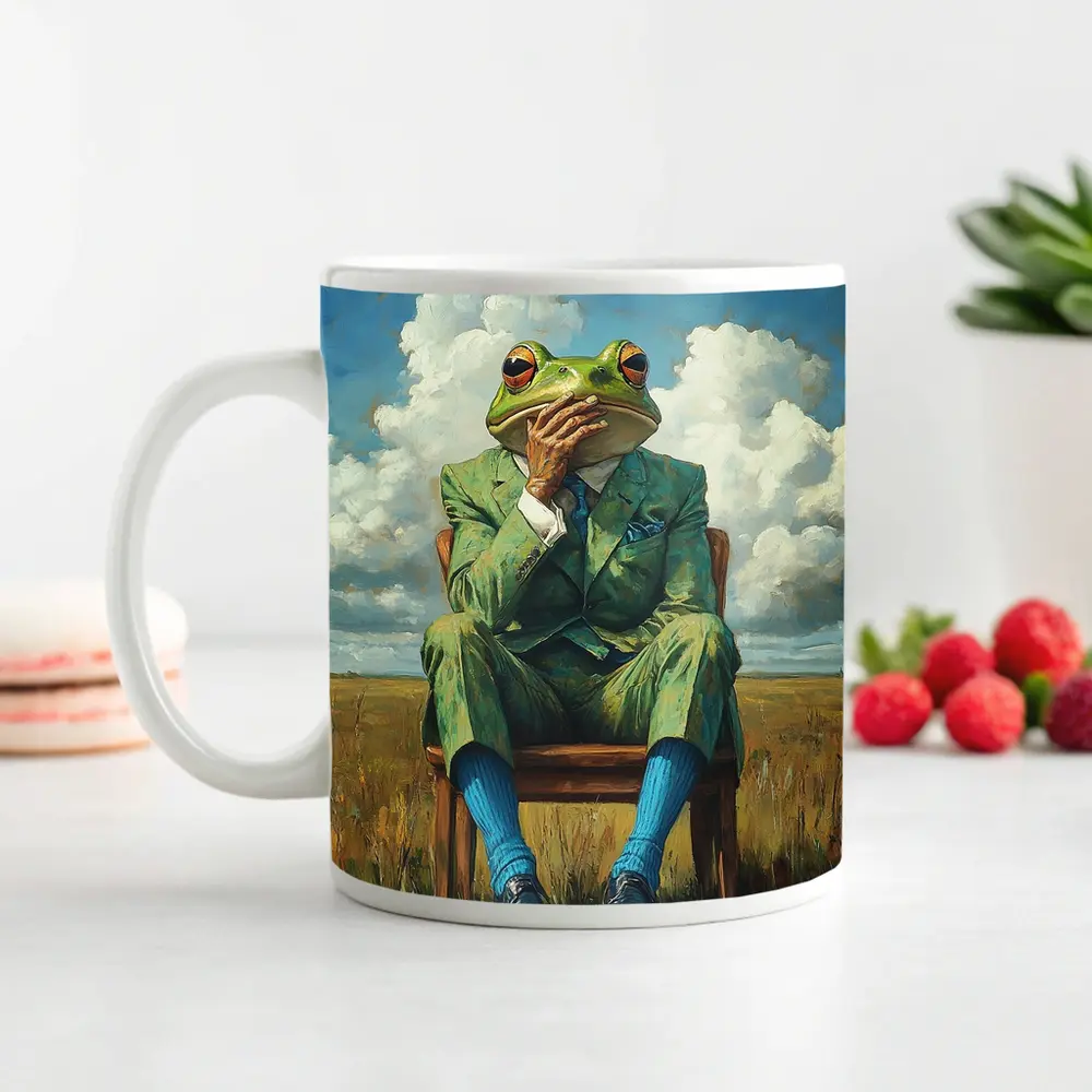 Thoughtful Frog Gentleman Oil Painting Fields – Mugs