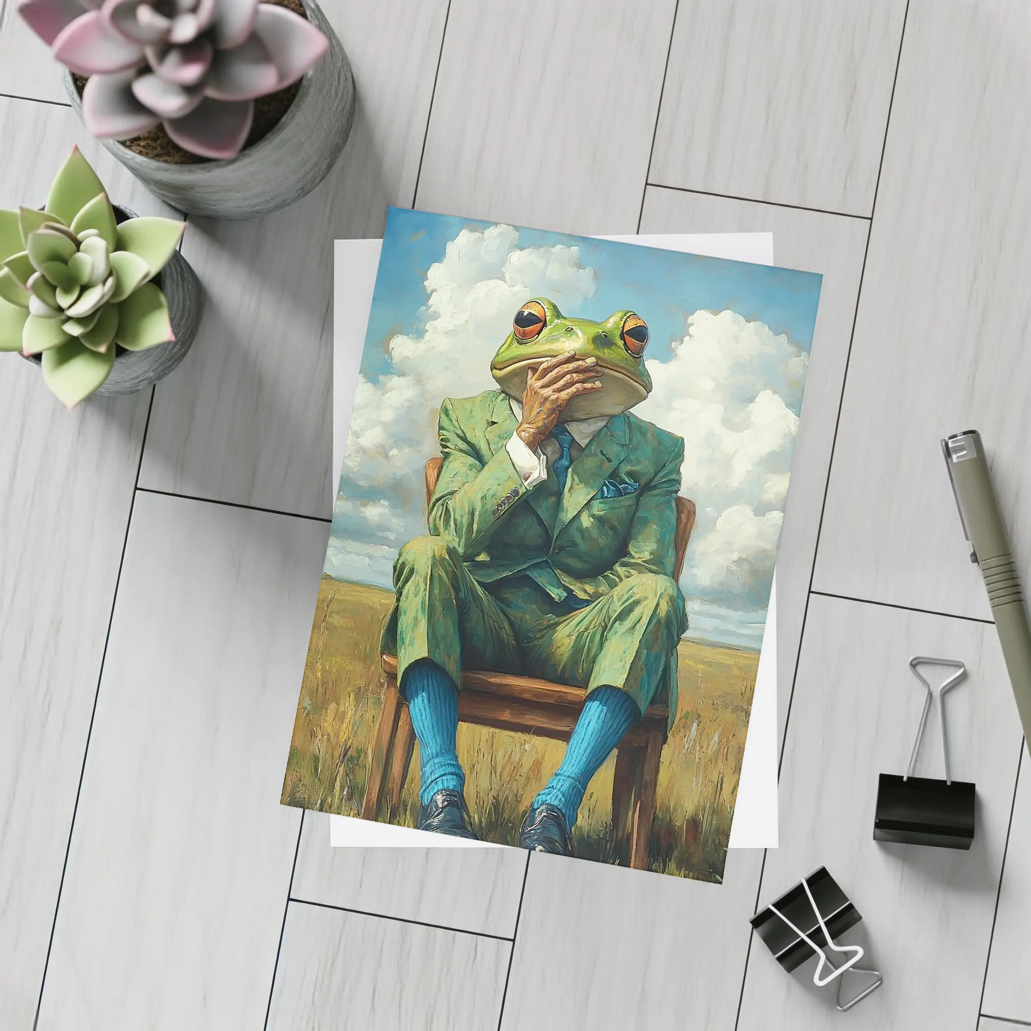 Thoughtful Frog Gentleman Oil Painting Fields – Postcards
