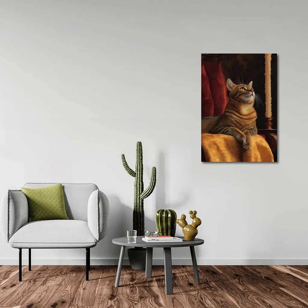 Tabby Cat Resting By Candlelight Dark Background – Wall Art