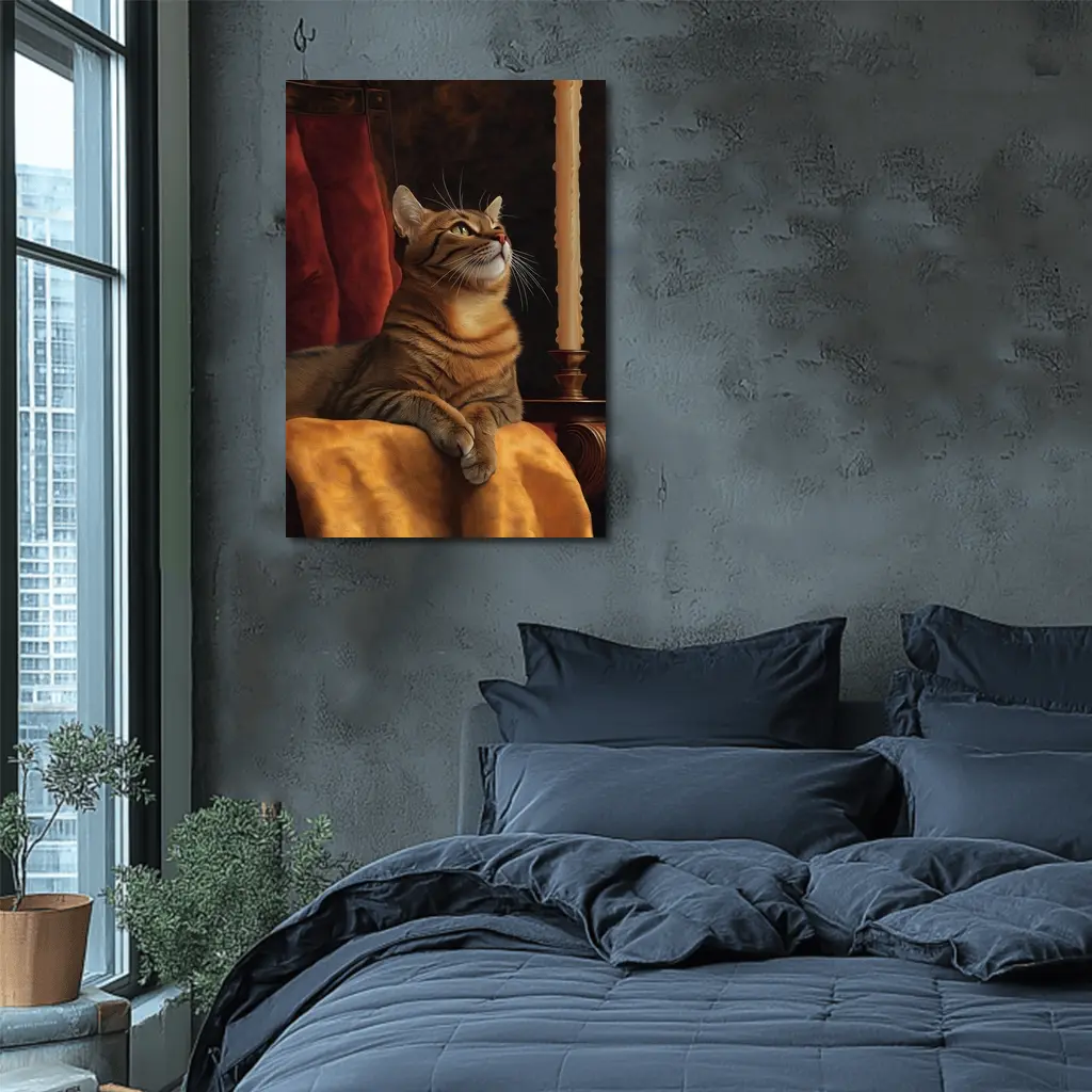Tabby Cat Resting By Candlelight Dark Background – Wall Art