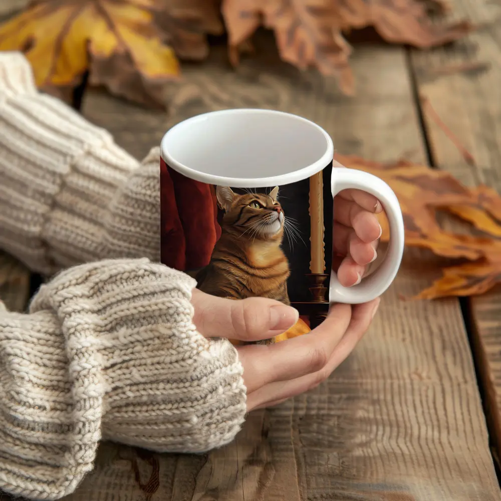 Tabby Cat Resting By Candlelight Dark Background – Mugs