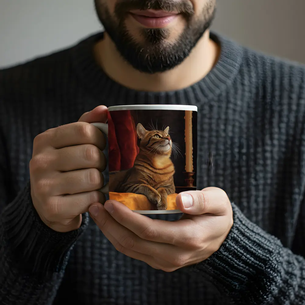 Tabby Cat Resting By Candlelight Dark Background – Mugs