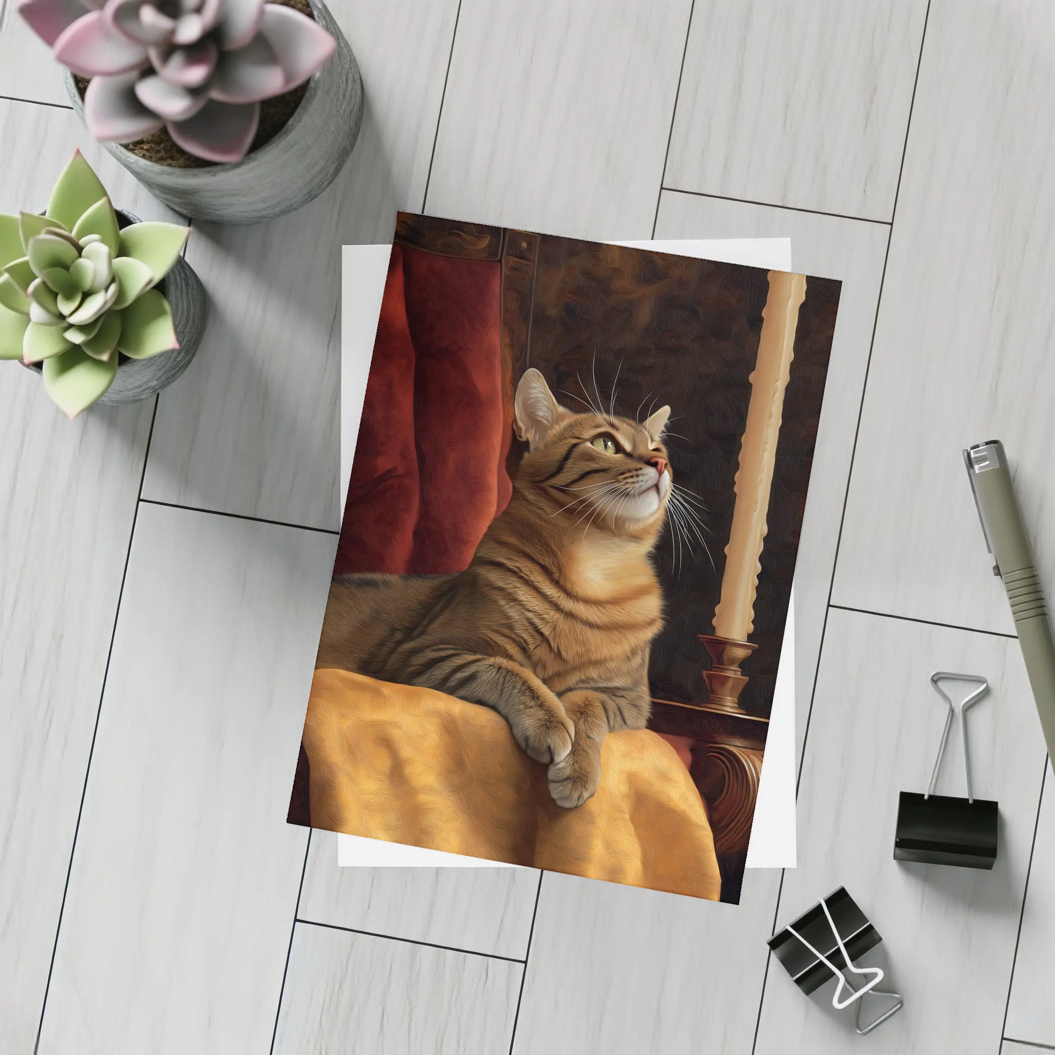 Tabby Cat Resting By Candlelight Dark Background – Postcards