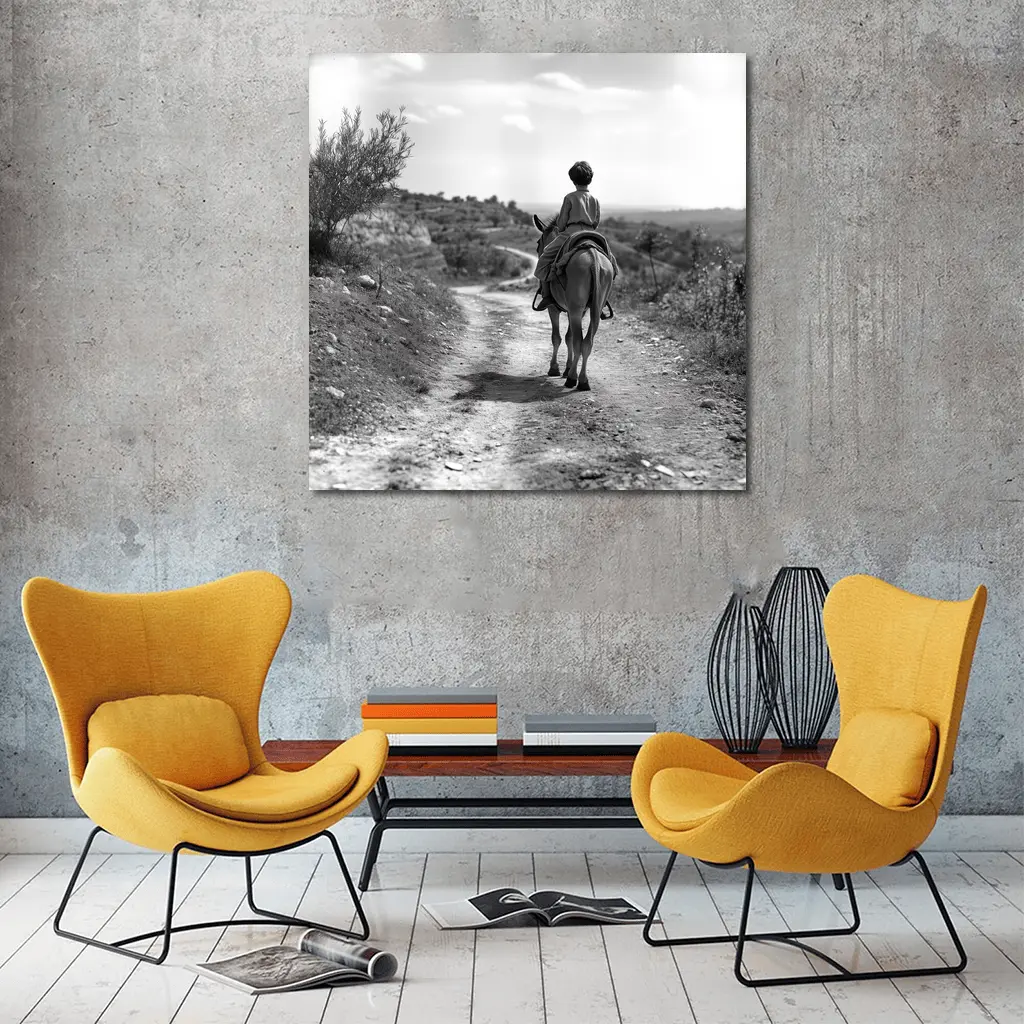 Boy Riding Donkey On Rural Path – Wall Art