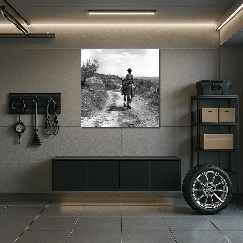 Boy Riding Donkey On Rural Path – Wall Art
