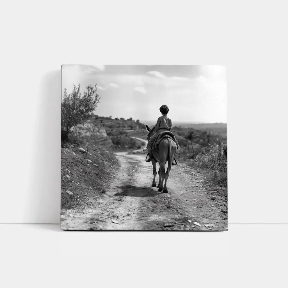 Boy Riding Donkey On Rural Path – Wall Art