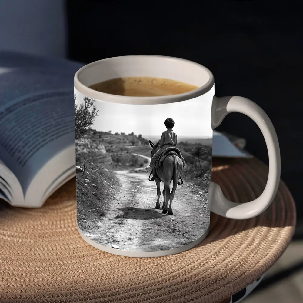 Boy Riding Donkey On Rural Path – Mugs