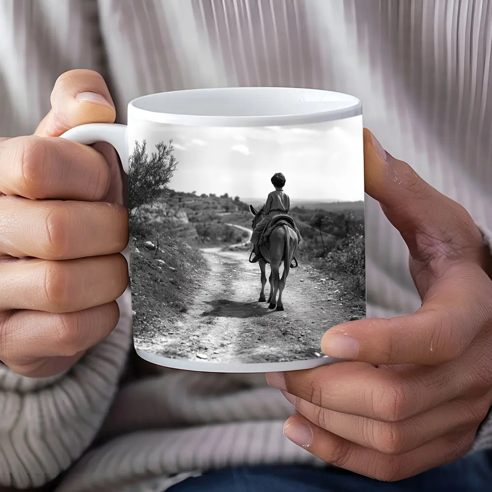 Boy Riding Donkey On Rural Path – Mugs