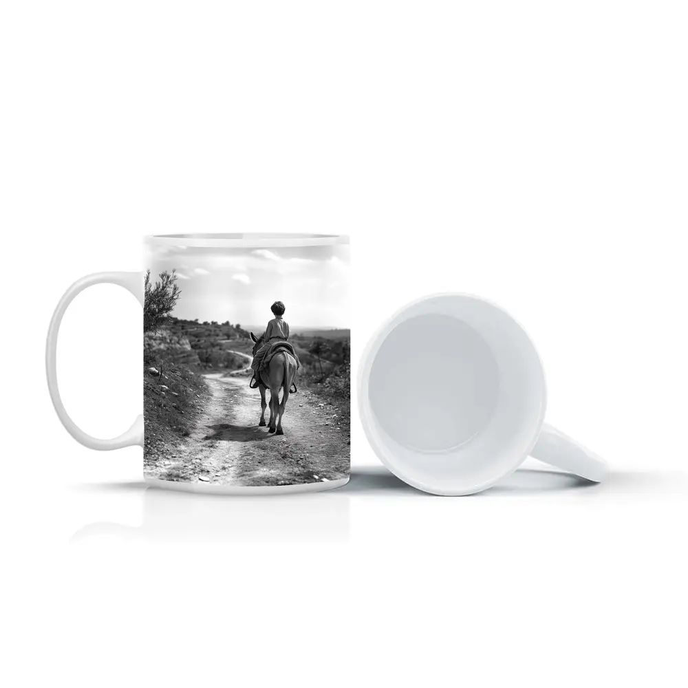 Boy Riding Donkey On Rural Path – Mugs