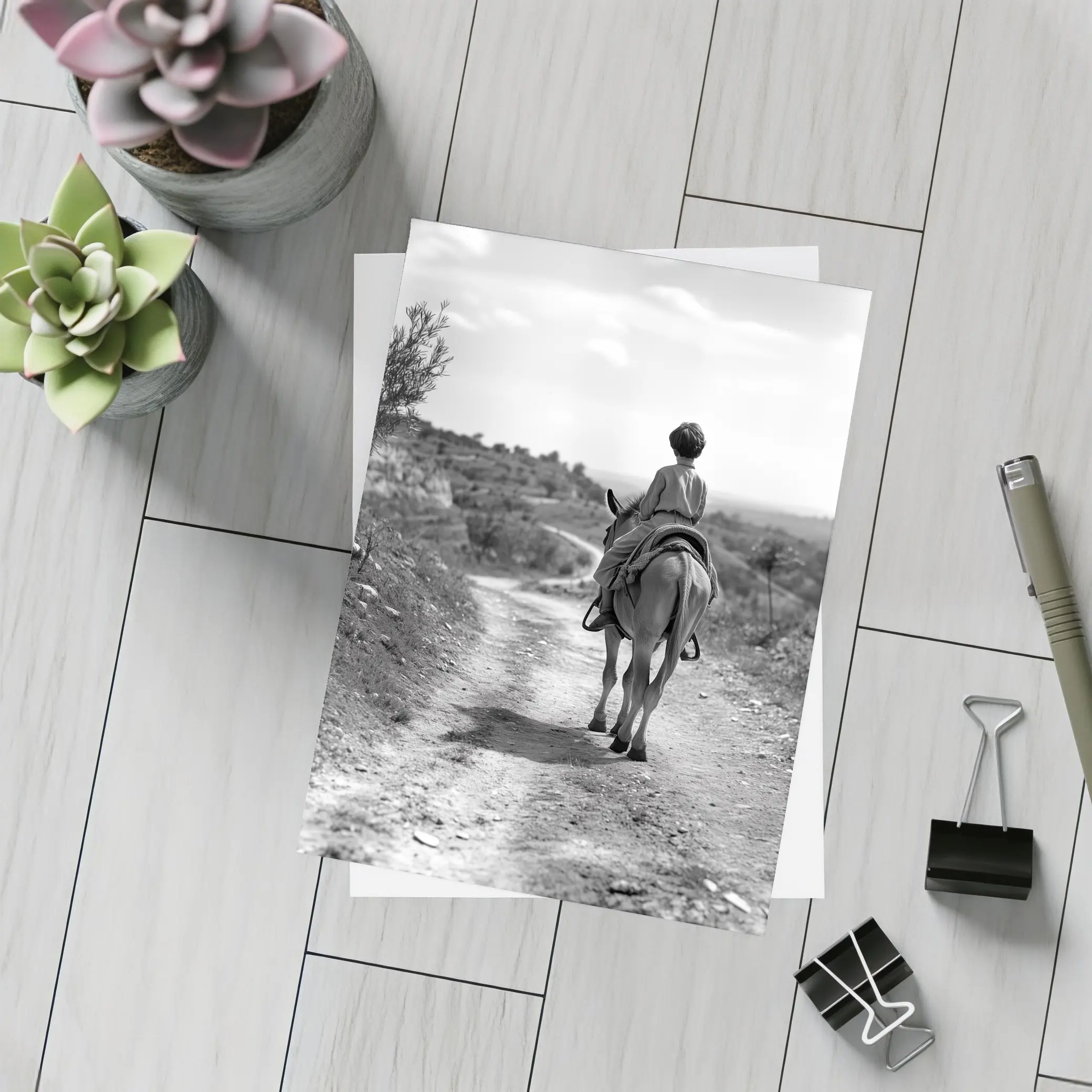 Boy Riding Donkey On Rural Path – Postcards