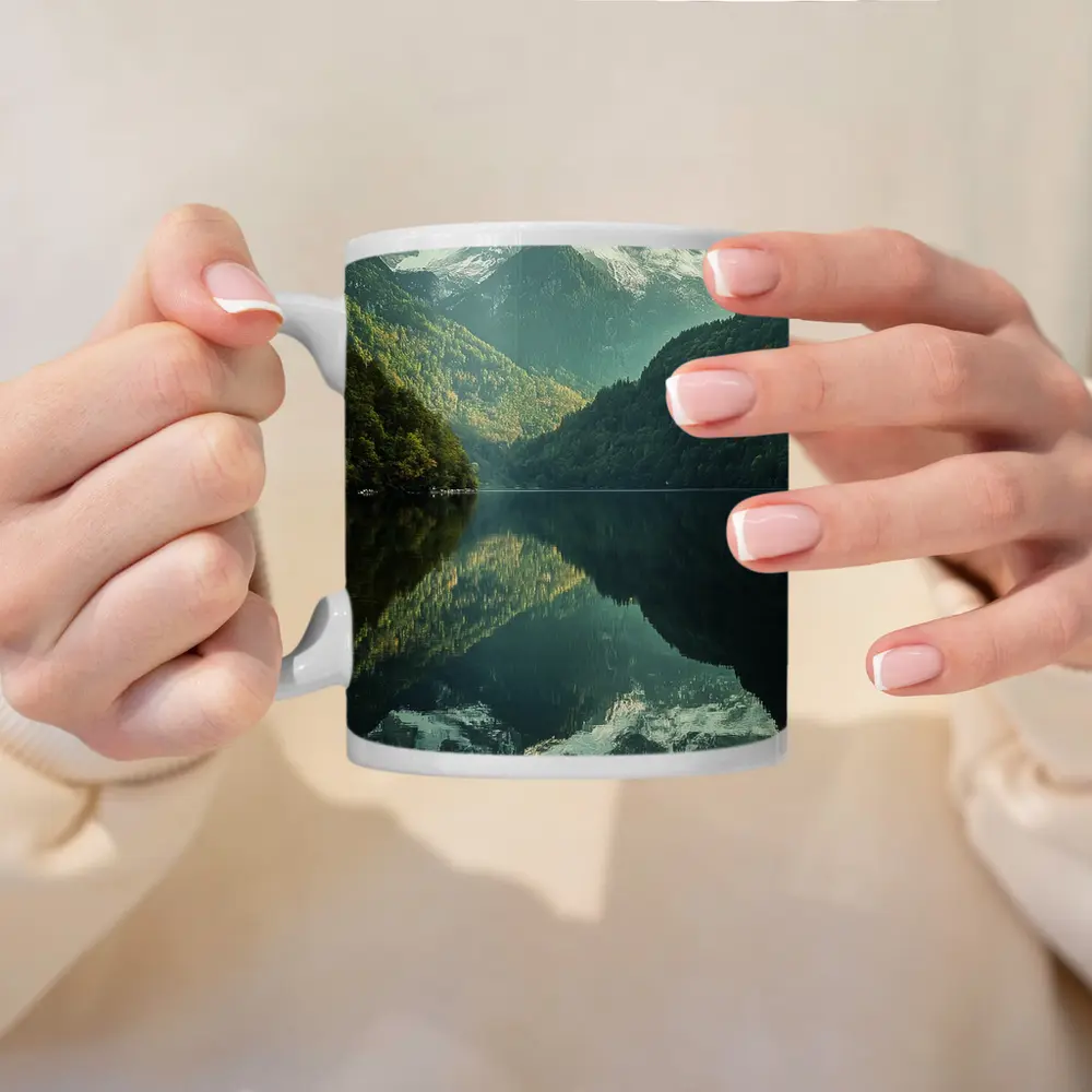 Snow Mountain Reflection Over Calm Lake – Mugs