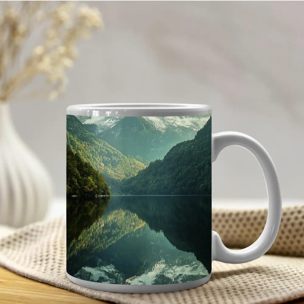 Snow Mountain Reflection Over Calm Lake – Mugs