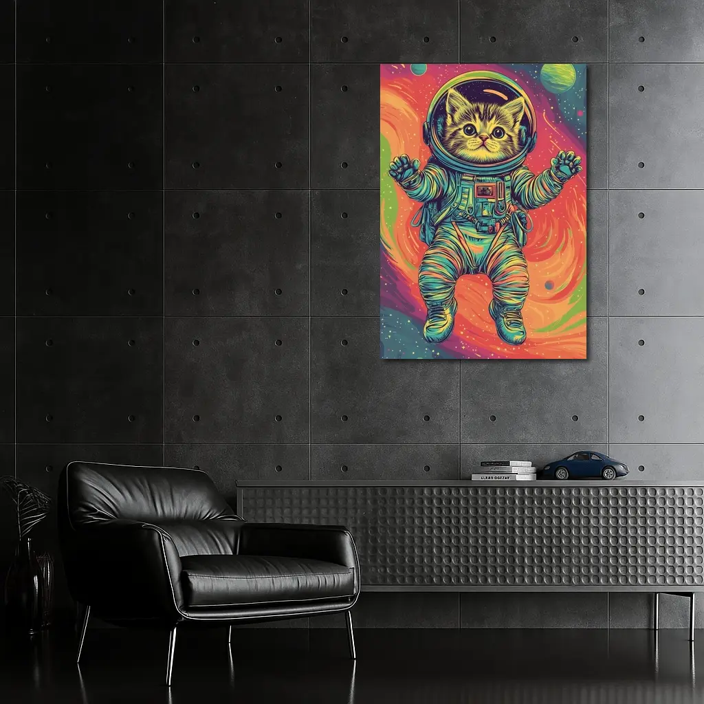 Tabby Cat Astronaut Floating In Colorful Space – Wall Art