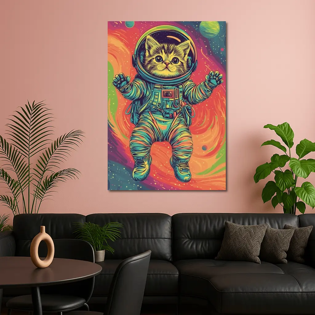 Tabby Cat Astronaut Floating In Colorful Space – Wall Art