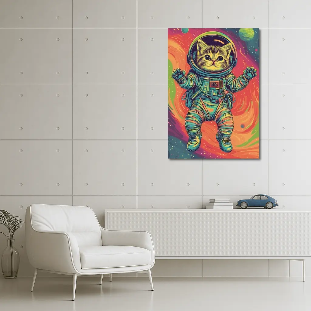 Tabby Cat Astronaut Floating In Colorful Space – Wall Art