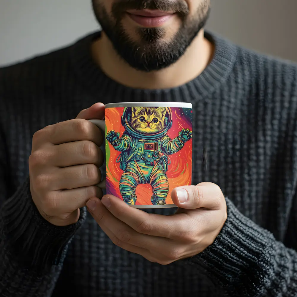 Tabby Cat Astronaut Floating In Colorful Space – Mugs