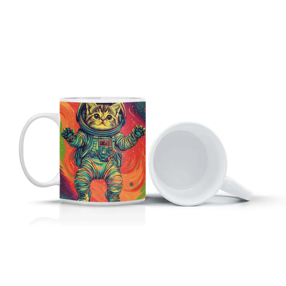 Tabby Cat Astronaut Floating In Colorful Space – Mugs