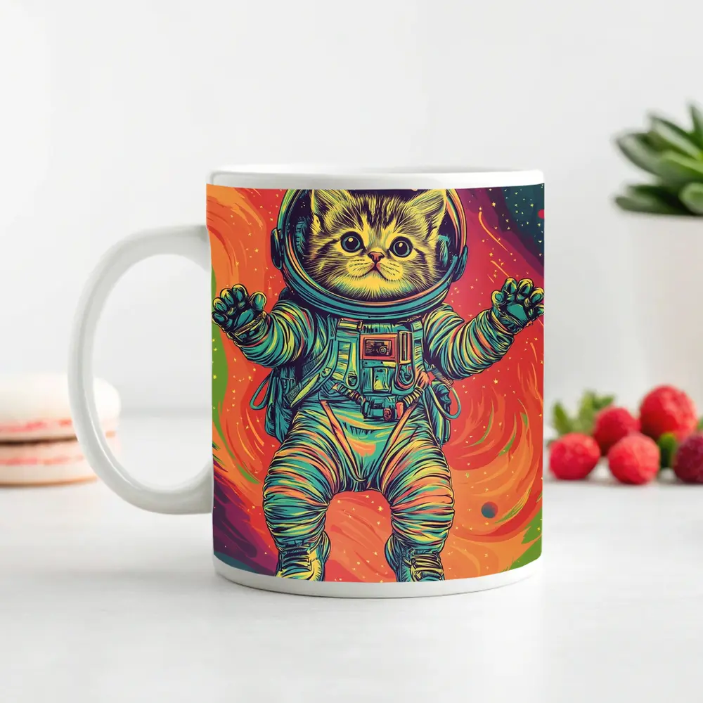 Tabby Cat Astronaut Floating In Colorful Space – Mugs