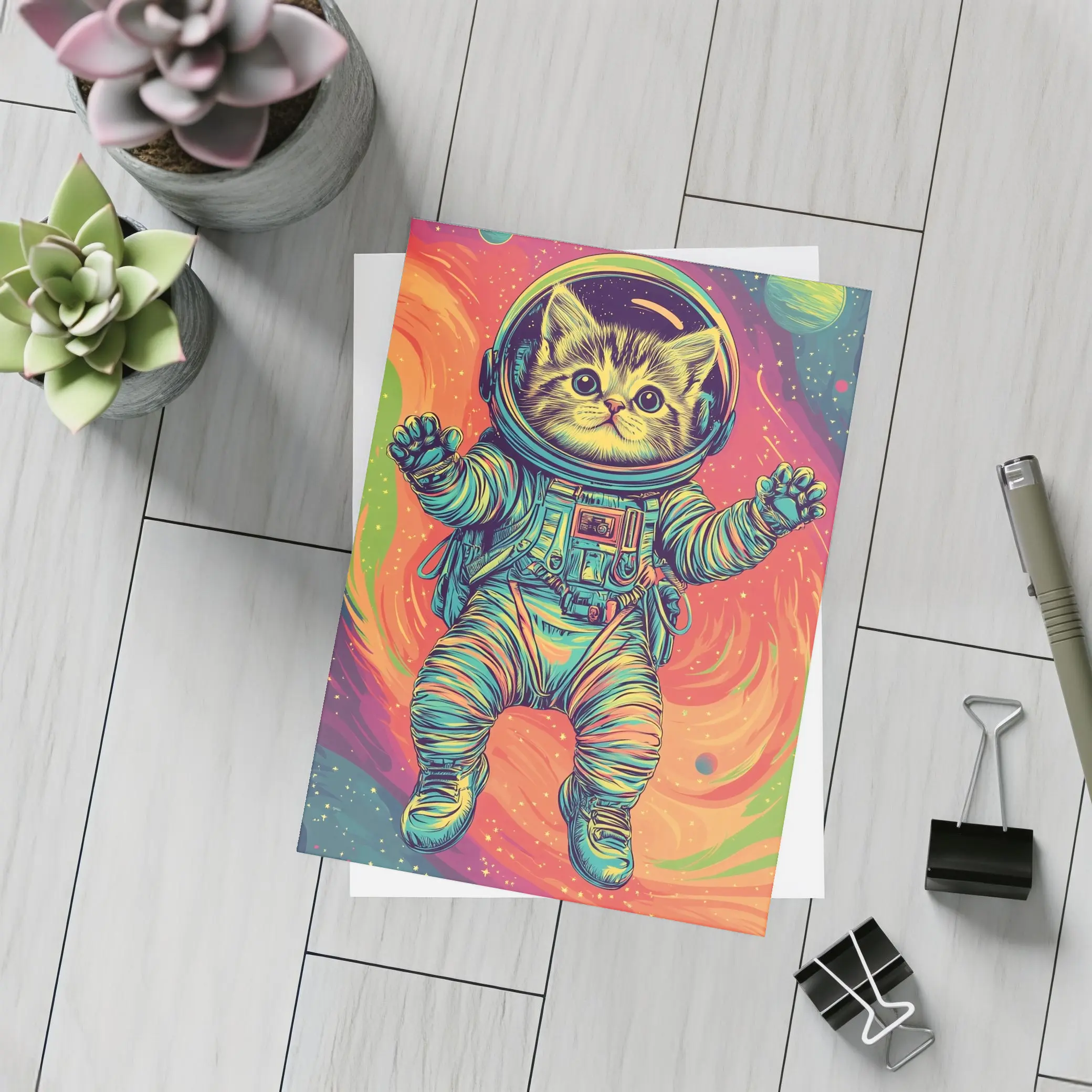Tabby Cat Astronaut Floating In Colorful Space – Postcards